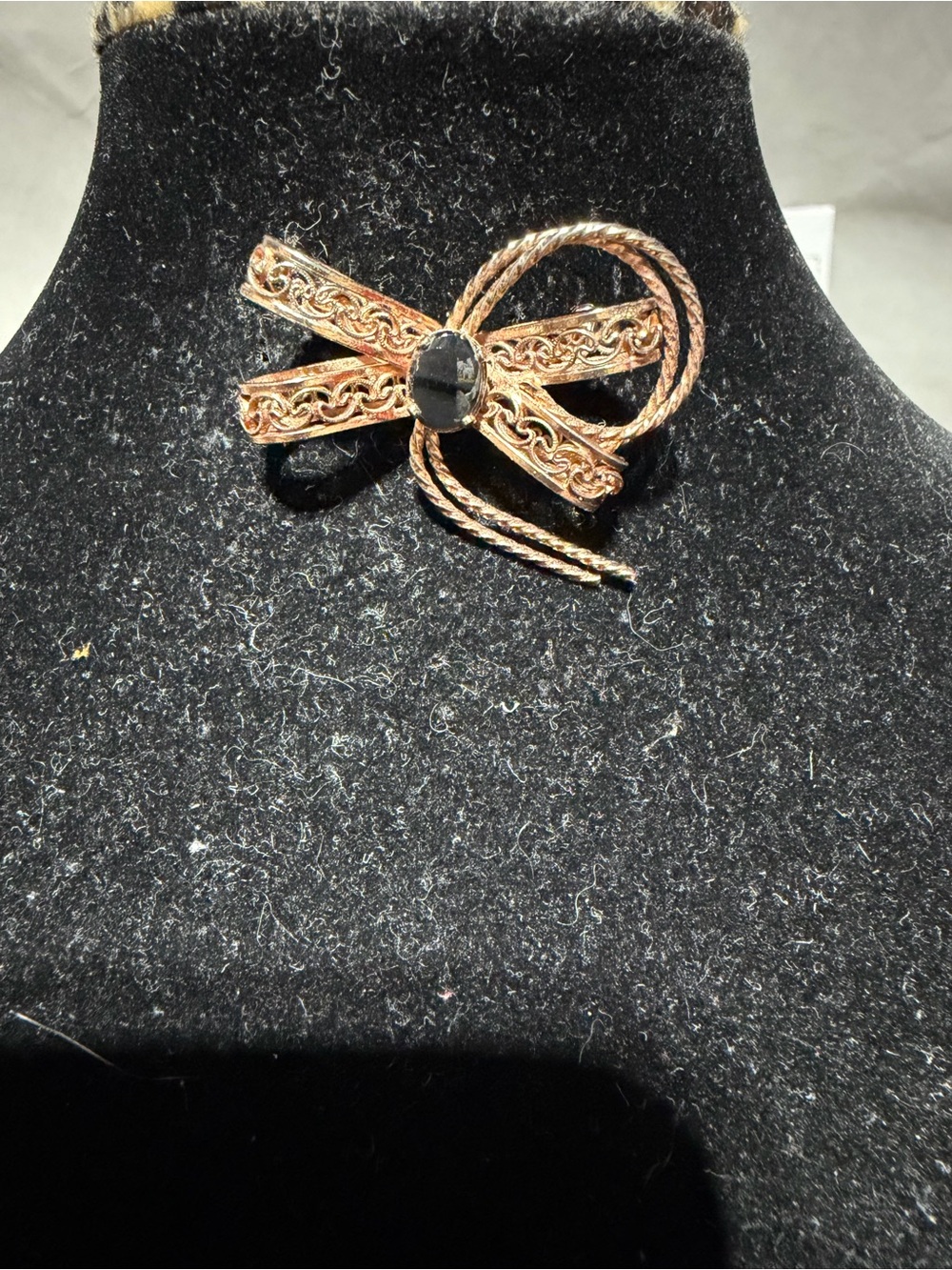 Bronze Tone Filigree Bow Brooch with Black Center Glass Stone